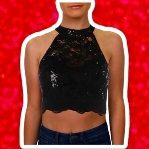 CITY STUDIO 3 Lace Sequin Halter Crop Top Tank